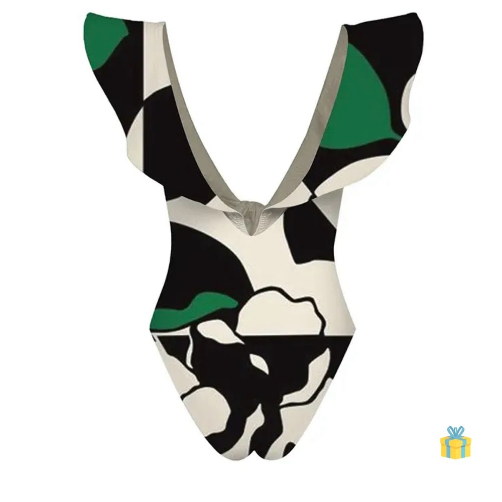 Bold Black and Green One-Piece with V-Neck Ruffle